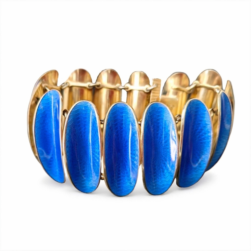 David Andersen Willy Winnaess Vintage Oval Link Blue Guilloche Enamel Bracelet